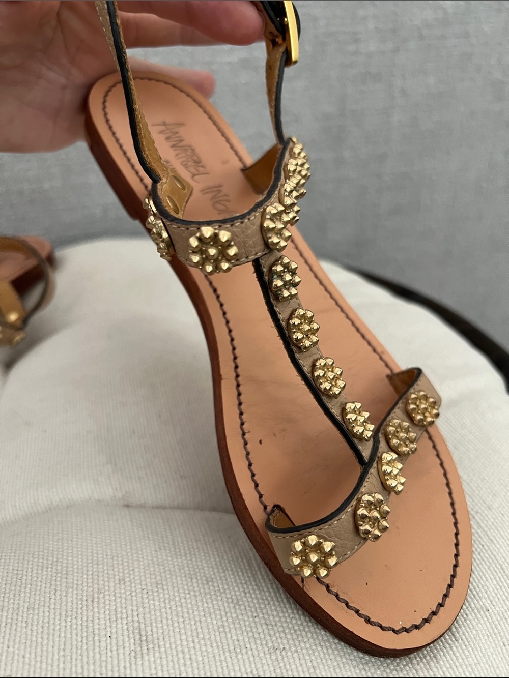 Annabel Ingall Tan Leather T-Strap Sandals with Gold Brass Studs